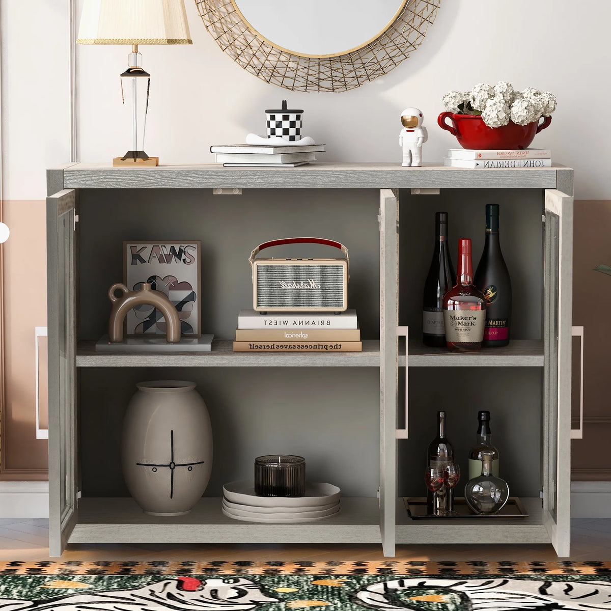 Wood Storage Cabinet with Three Tempered Glass Doors and Adjustable Shelf F628
