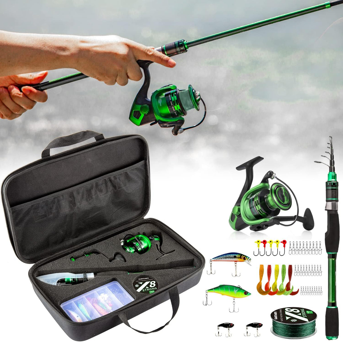 Collapsible Fishing Rod and Reel Combo with Carrier Bag J18630