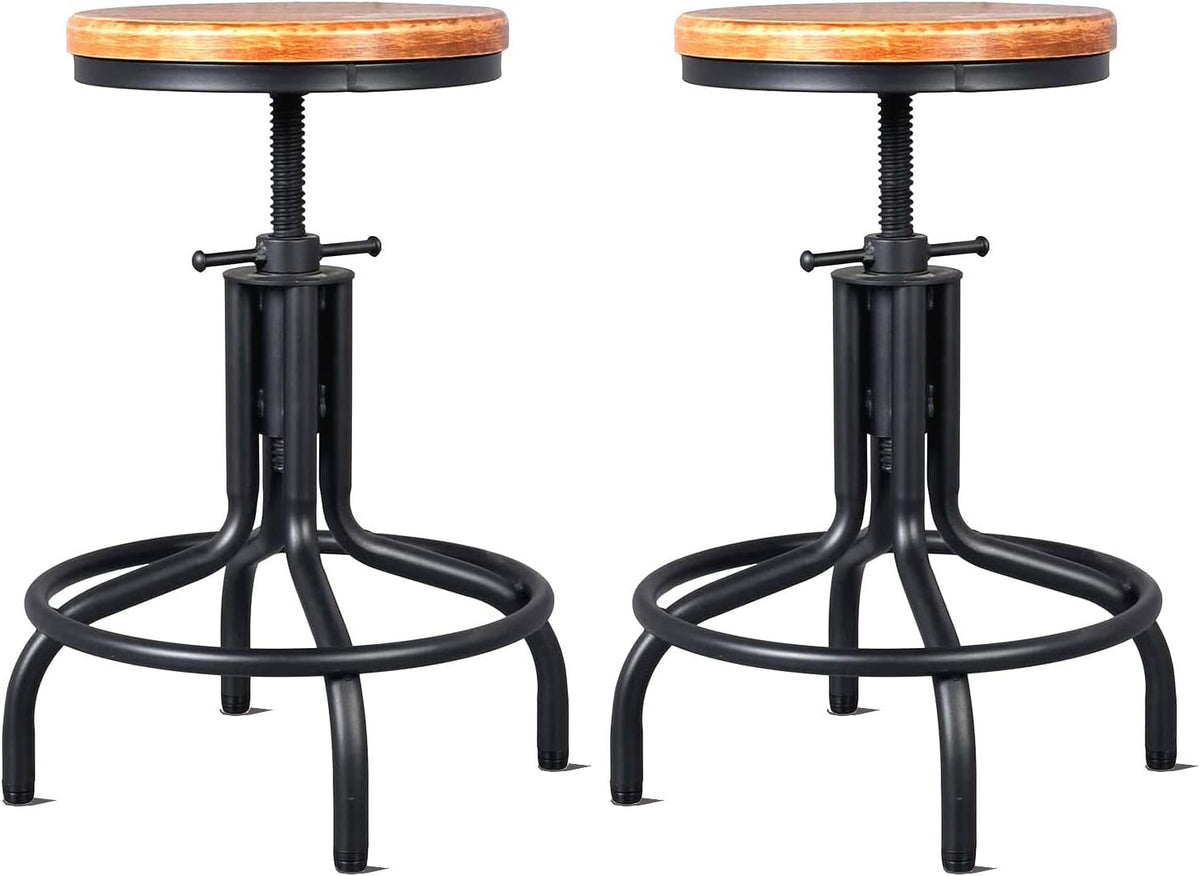 Metal Adjustable Height Bar Stool Set of 2 Black Wooden Top H489642