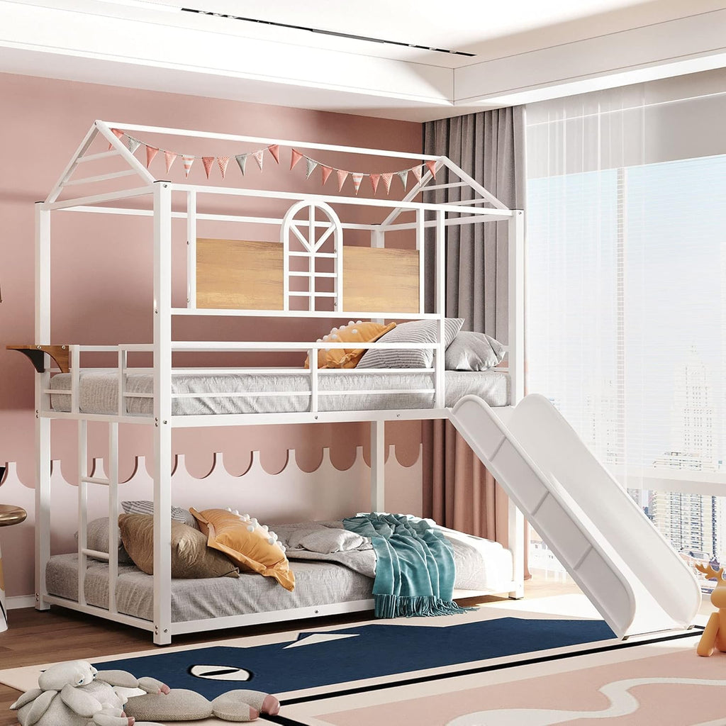 Twin Over Twin Metal Bunk Bed with Slide and Integrated Ladder J634