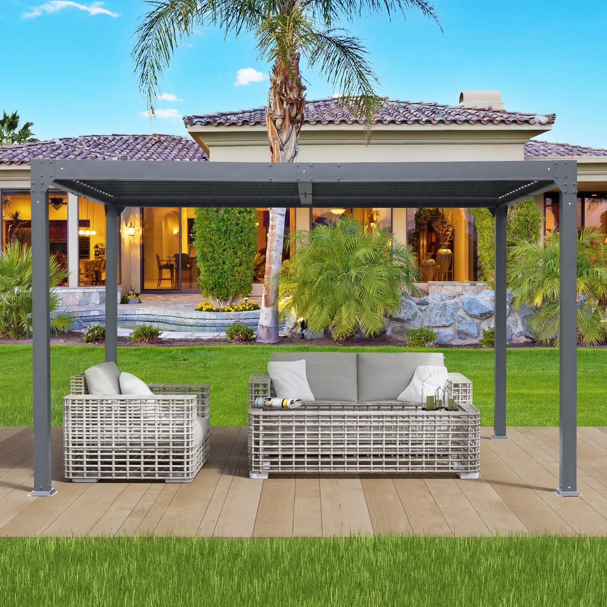 13 x 10 ft. Outdoor Aluminum Louvered Pergola Waterproof Gazebo with 2 Adjustable Rainproof Panels - Dark Gray Z2669