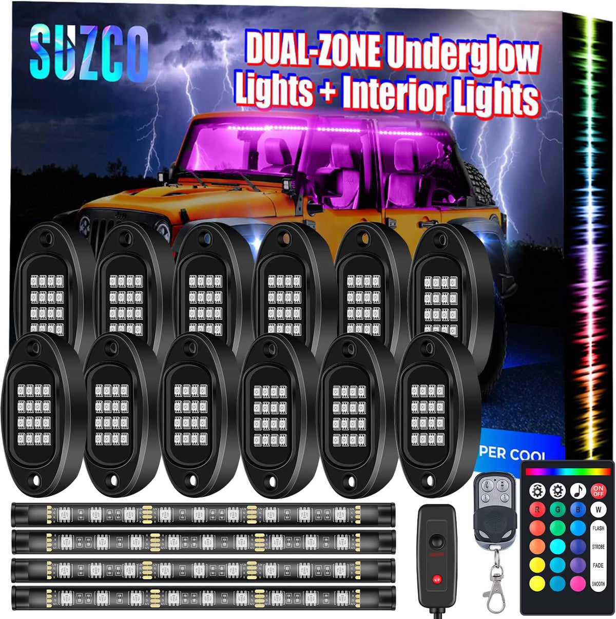 12-pods LED RGB Neon Underglow Rock Lights Kit with 4-Pcs Interior Light Kit, 192LEDs Waterproof 12V E844