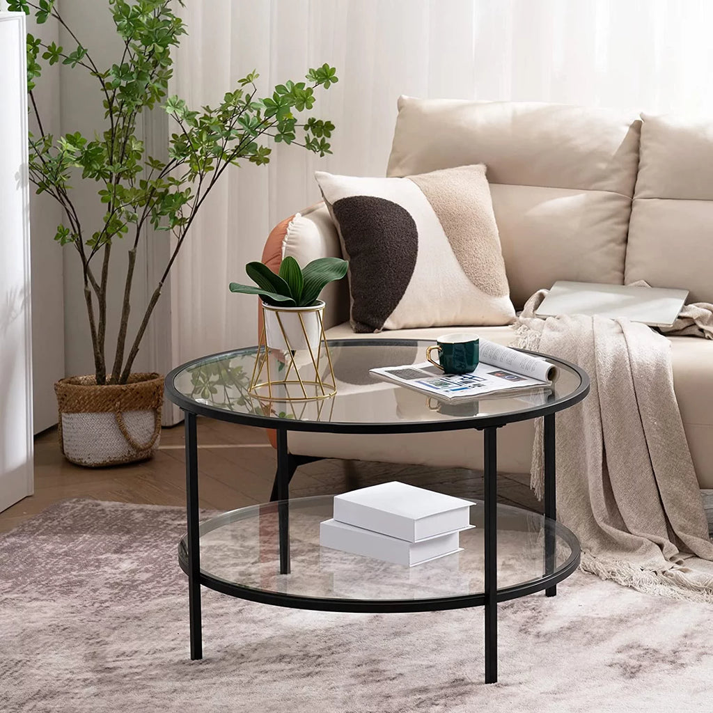 30" Round 2-Tier Glass Coffee Table with Storage D823165