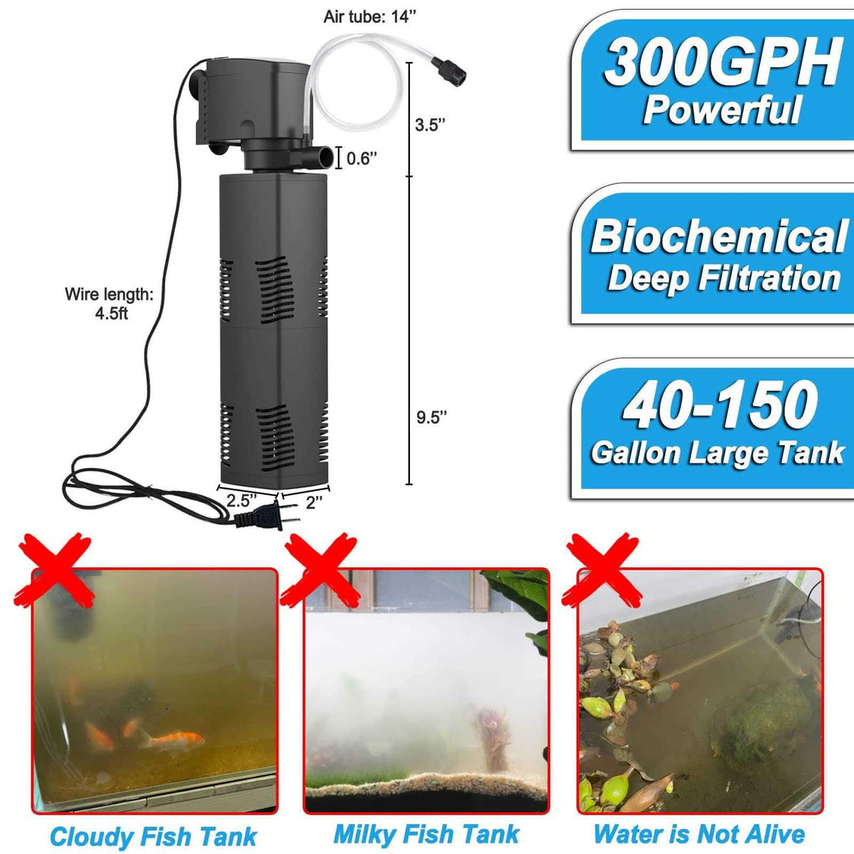 Aquarium Filter 300gph Submersible Internal Fish Tank Filter J813053