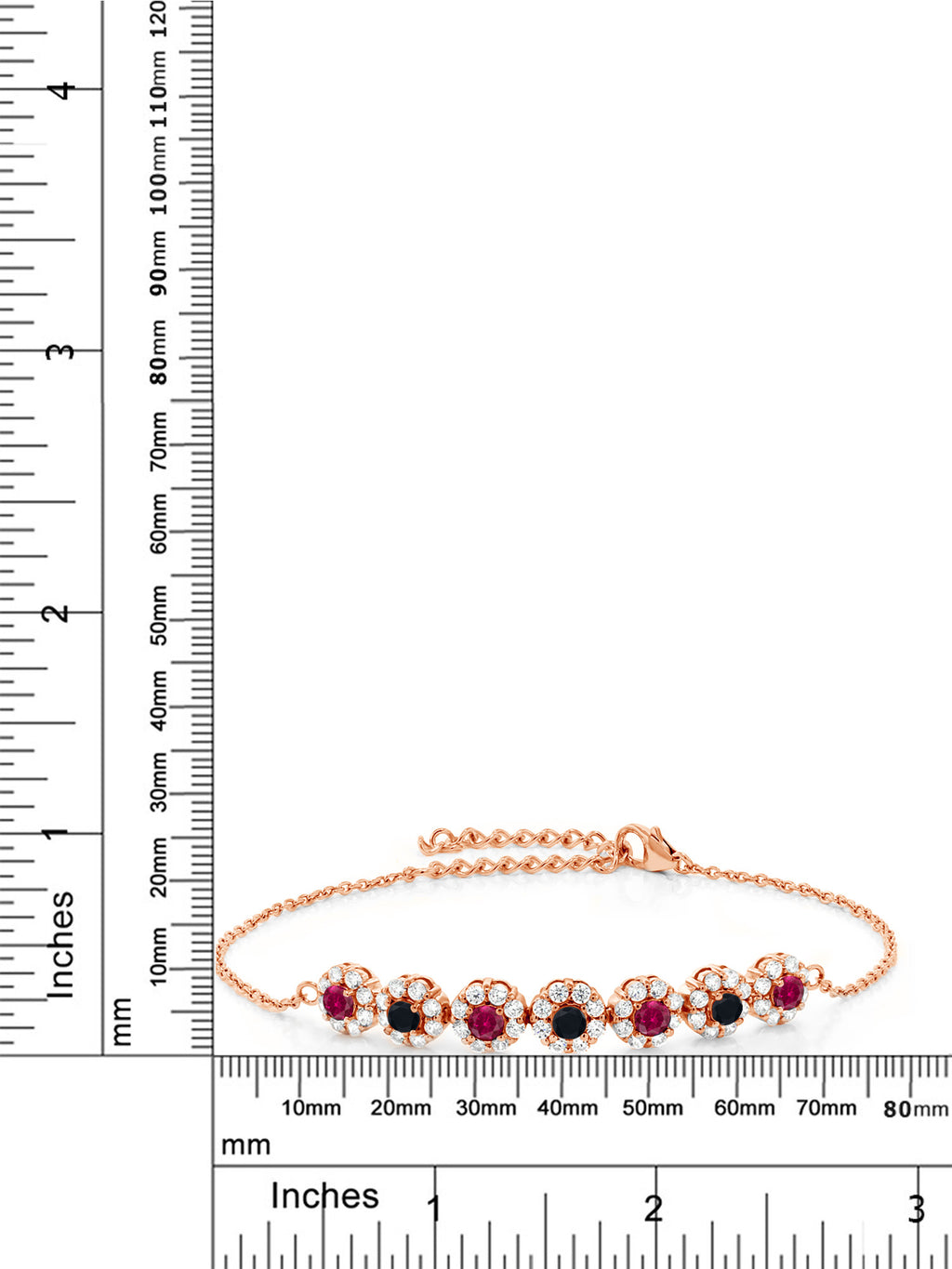 18K Rose Gold Plated Silver Red Created Ruby and Black Onyx Tennis Bracelet E85507