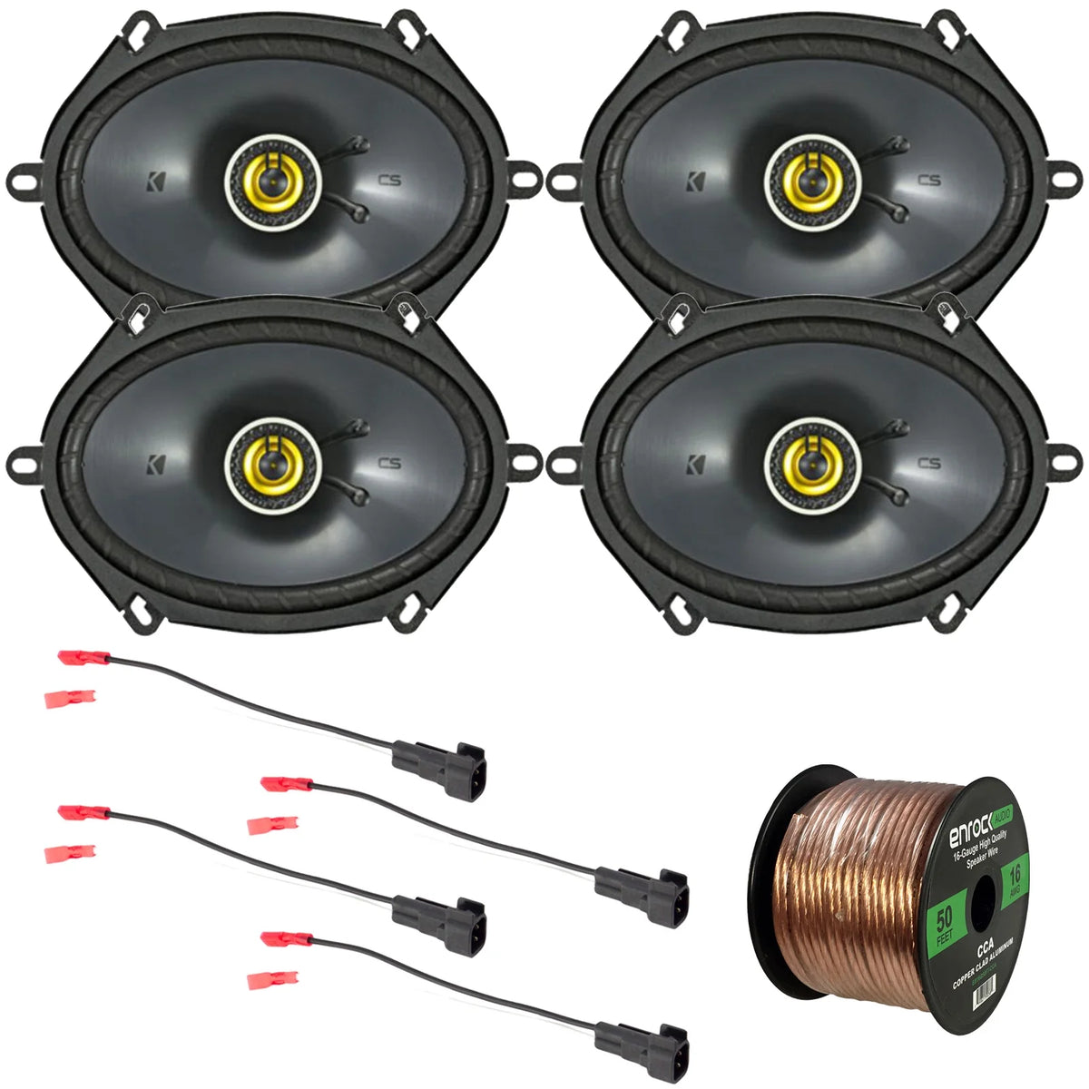 2 Pairs (QTY 4) 6x8" 225 Watts Peak Power 2-Way Car Coaxial Speakers with Speaker Harness, 16 Gauge 50 Foot Speaker Wire Q8564