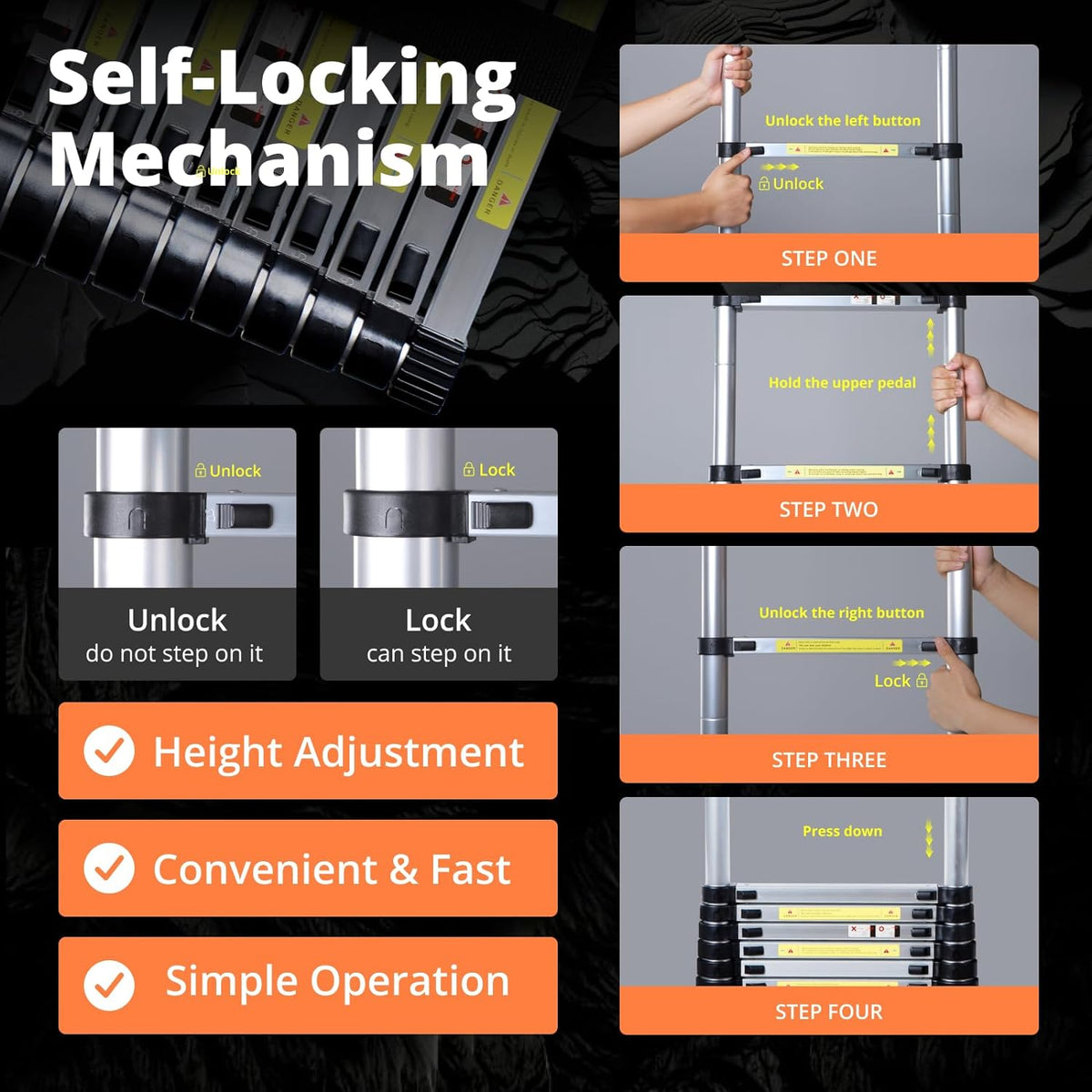 12.5FT Aluminum Telescoping Extension Ladder with Hooks & Stabilizers U59244
