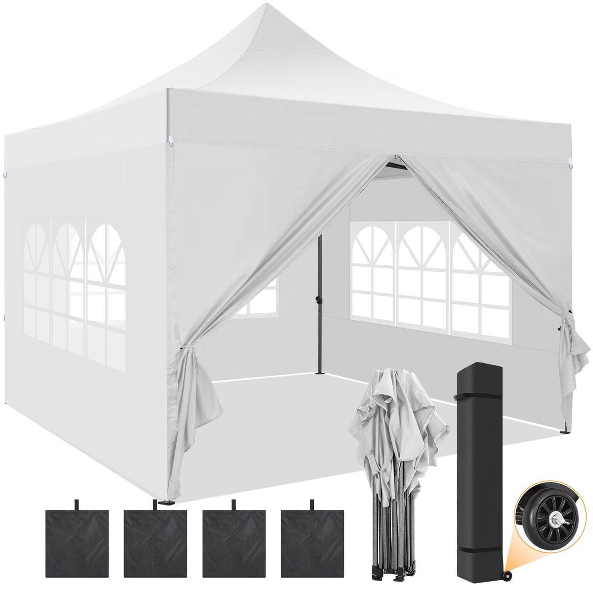 10x10 FT Pop Up Canopy Tent with 4 Removable Sidewalls, Roller Bag and 4 Sandbags, White I4767