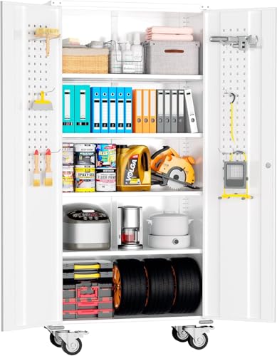 Metal Storage Cabinet with Wheels, 73" with Door and 4 Shelves, Black J948
