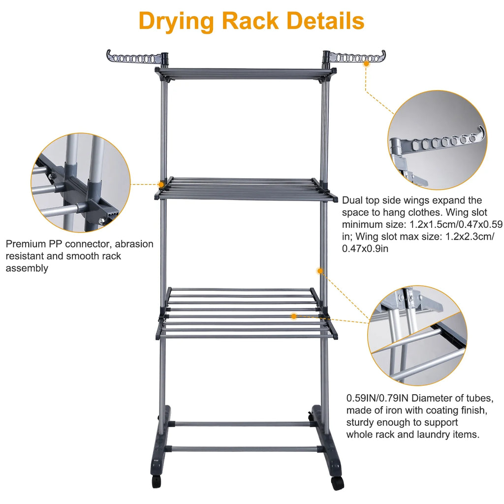 3 Tier Foldable Rolling Laundry Drying Rack S916