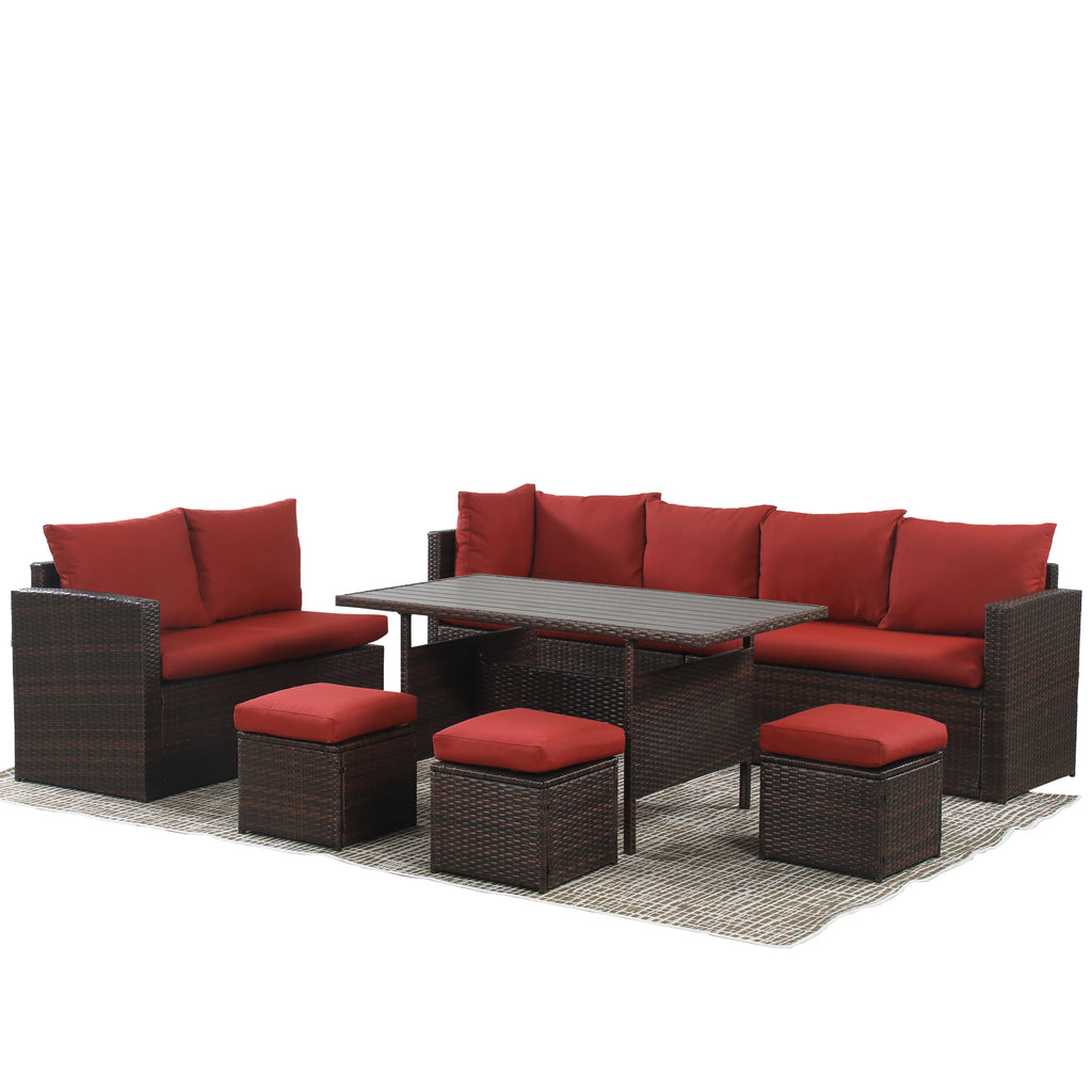 Red Rattan Wicker Patio Dining Table Set E65685