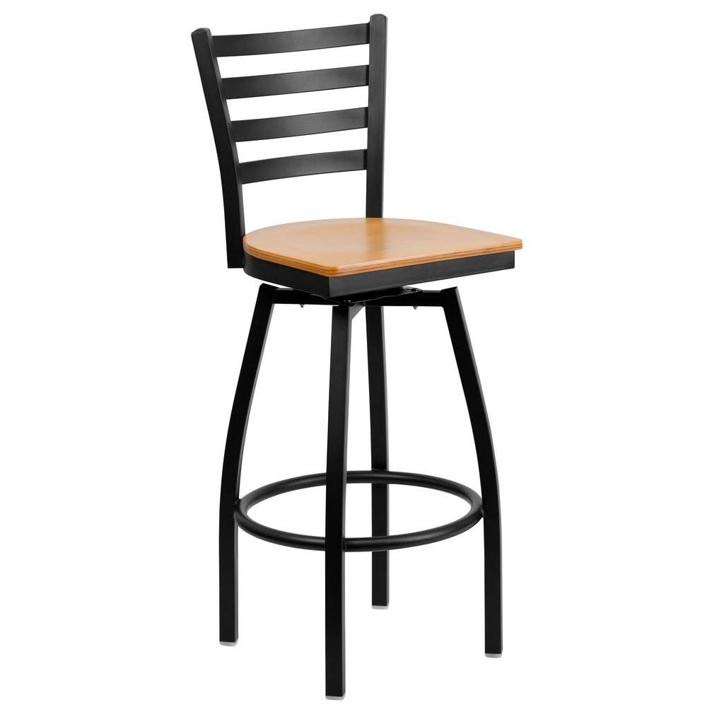 Black Ladder Back Swivel Metal Barstool with Natural Wood Seat U107211