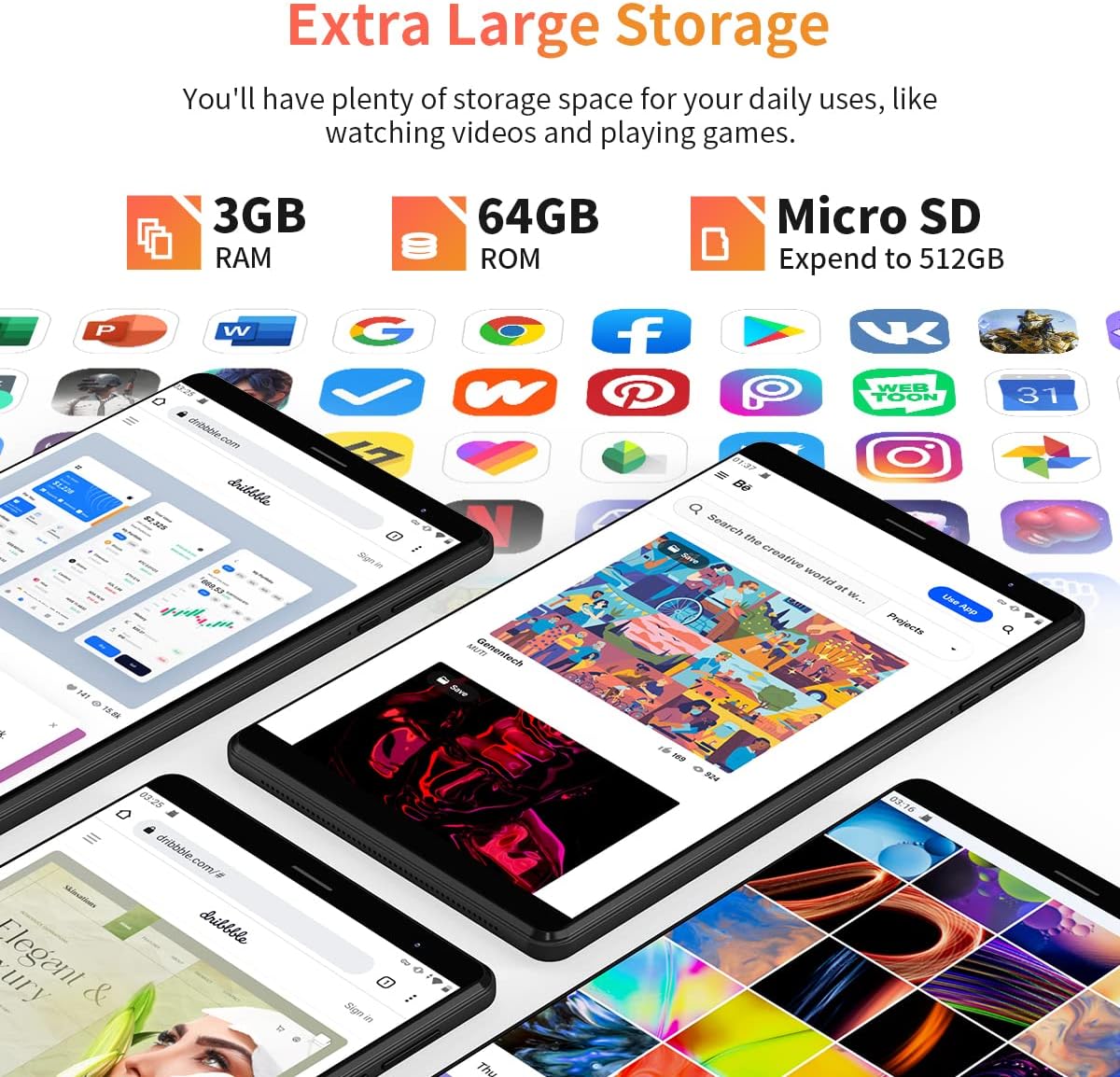 8 inch Android 11 Tablet, 3GB RAM 64GB ROM, 800 * 1280 HD Display R93718
