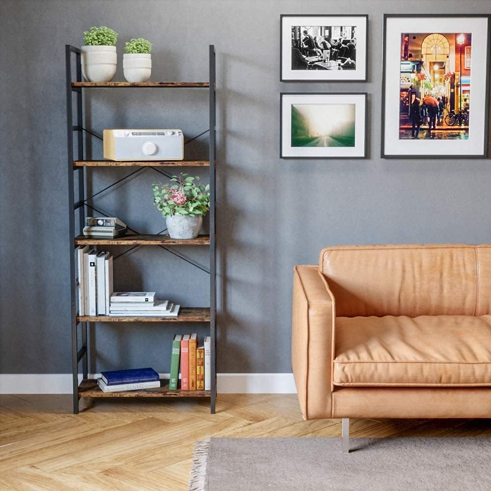 5 Tier Grey Wood Bookcase with Adjustable Shelves F510