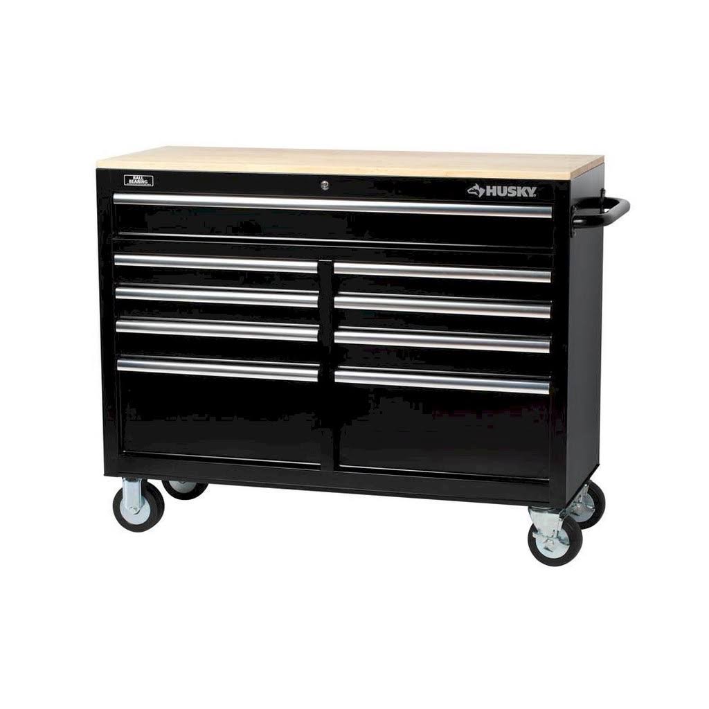 Black 46 in. 9-Drawer Mobile Workbench with Solid Wood Top B106