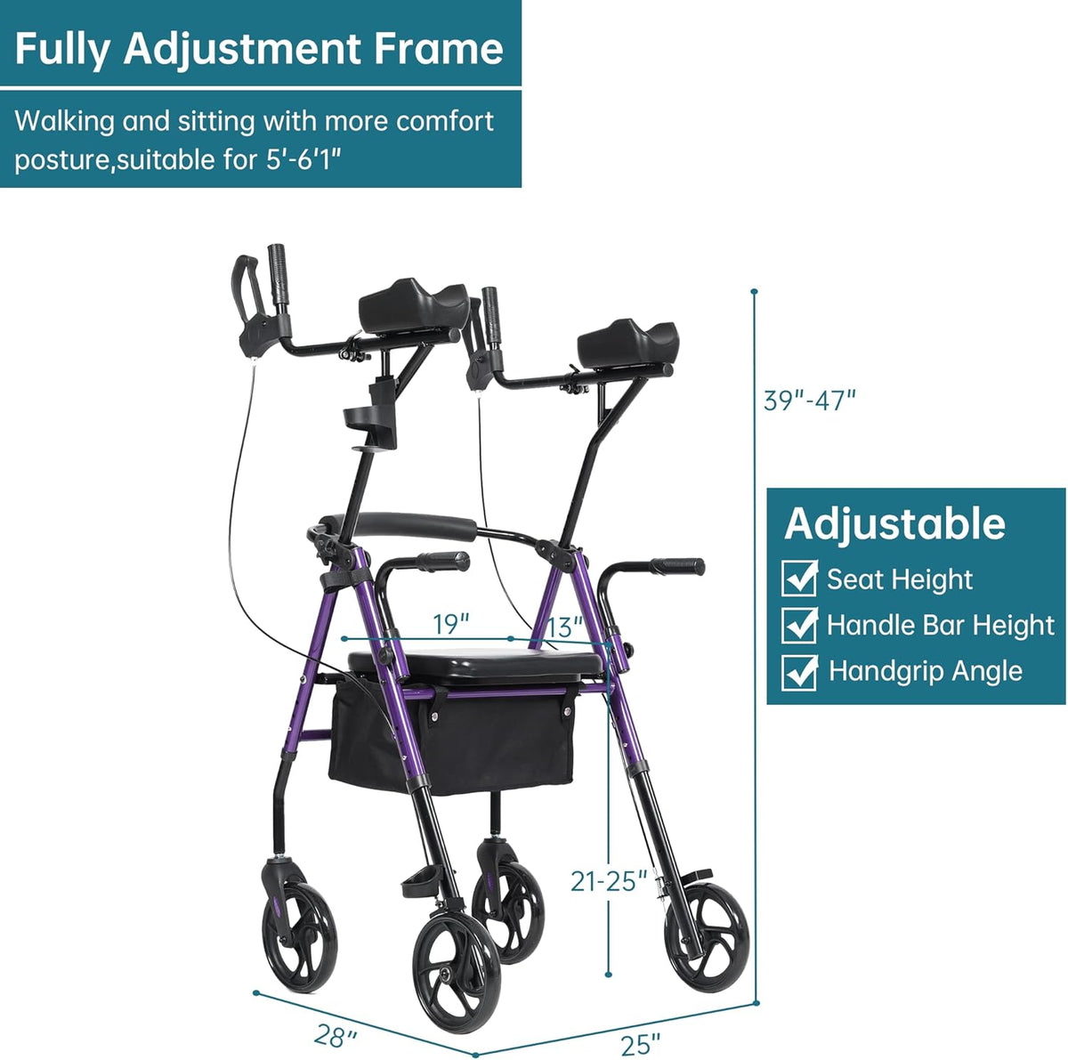 Purple Upright Rollator Walker with Padded Seat and Backrest D6052