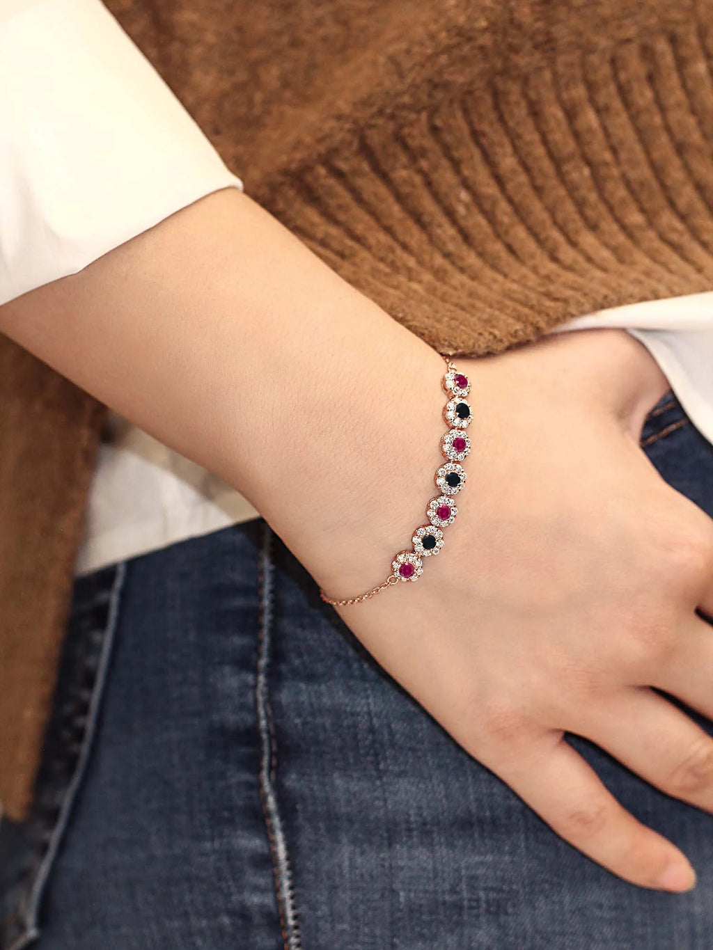 18K Rose Gold Plated Silver Red Created Ruby and Black Onyx Tennis Bracelet E85507