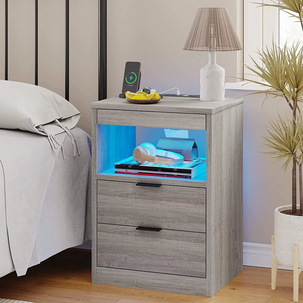 Gray Nightstand with Wireless Charging Station and LED Lights P4372
