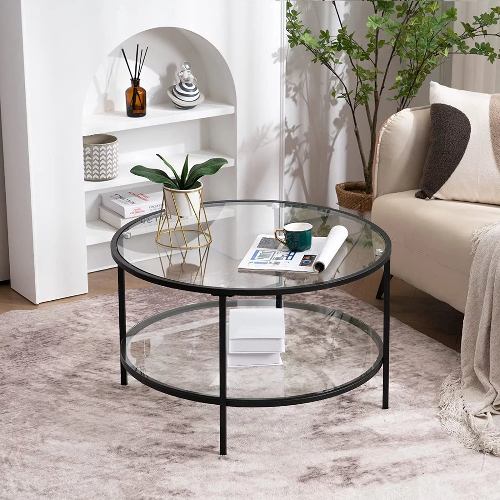 30" Round 2-Tier Glass Coffee Table with Storage D823165