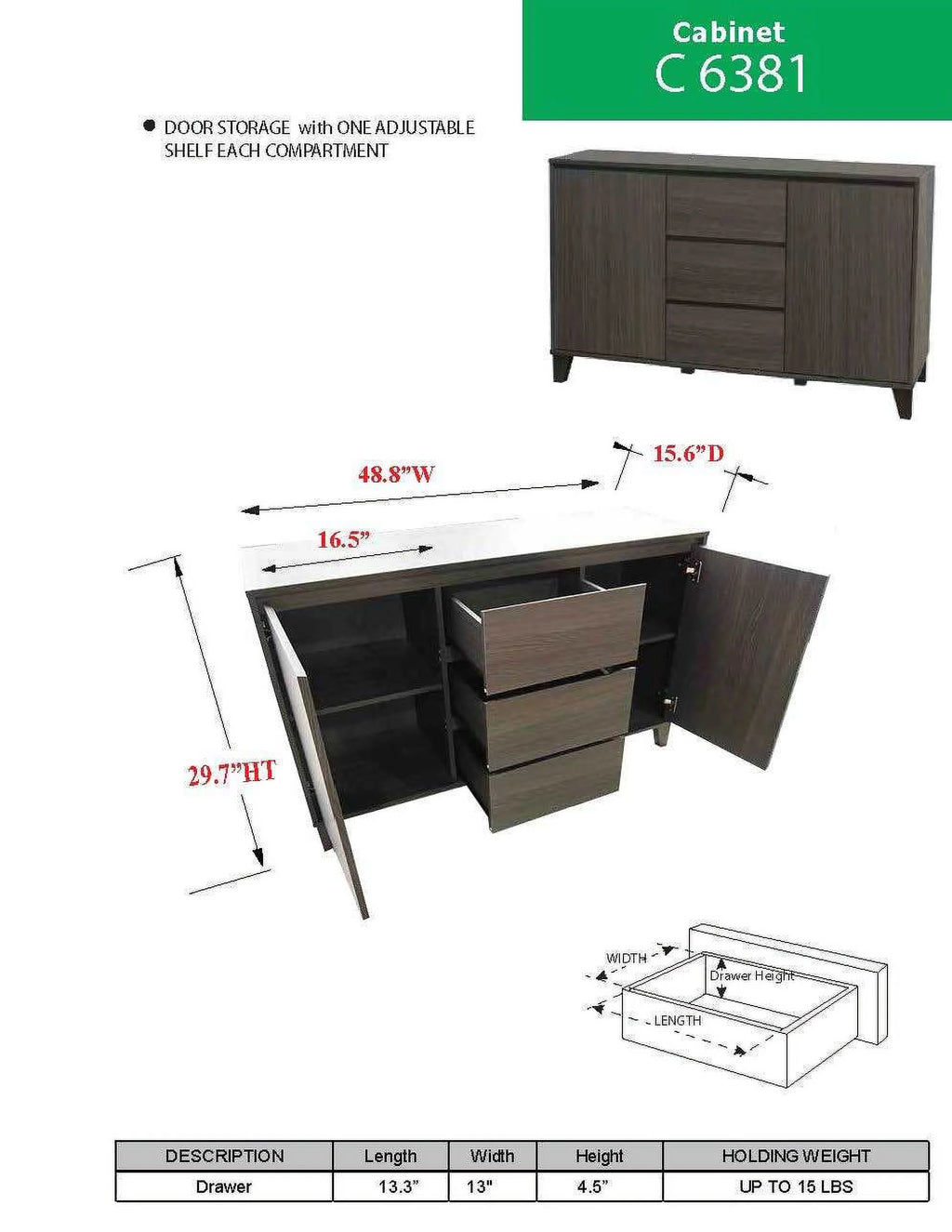 Wood Buffet Server Cabinet with 2 Doors & 3 Drawers M98374