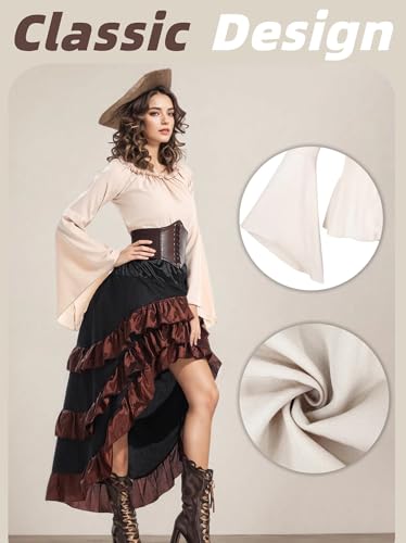 Beige+Brown Women Pirate Costume with Shirt Skirt Corset Waist Belt H20587