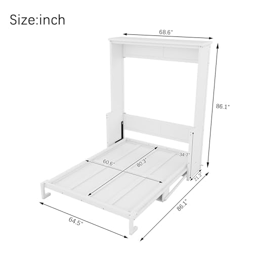 White Queen Size Wall Bed with 2 Side Cabinet Storage Shelf & Desk Combo H891