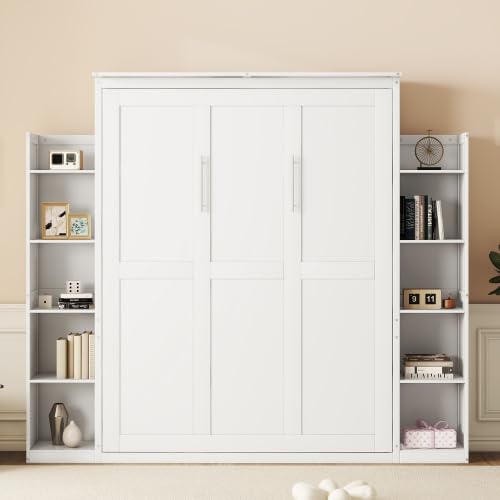 White Queen Size Wall Bed with 2 Side Cabinet Storage Shelf & Desk Combo H891