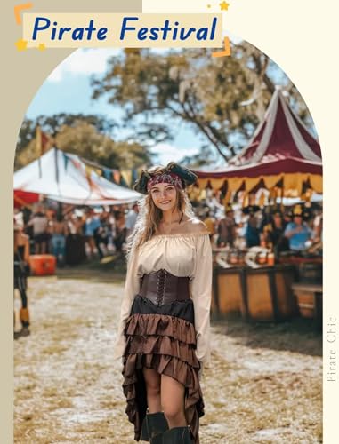 Beige+Brown Women Pirate Costume with Shirt Skirt Corset Waist Belt H20587