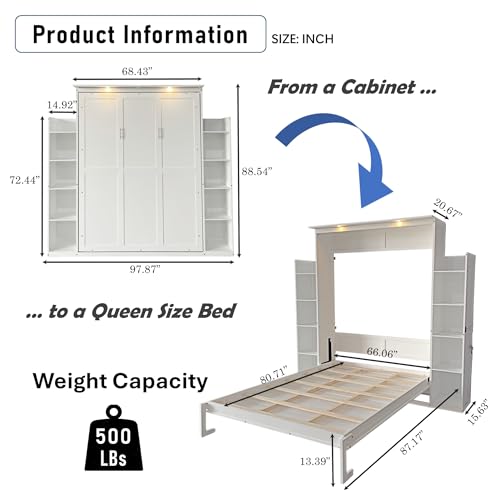 White Queen Size Wall Bed with 2 Side Cabinet Storage Shelf & Desk Combo H891