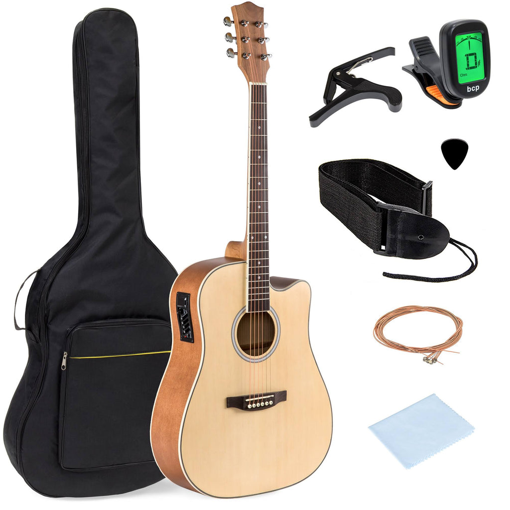 Natural Acoustic Electric Cutaway Guitar Set with Capo, E-Tuner, Bag, Picks, Strap V5313