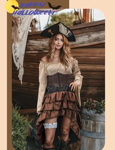 Beige+Brown Women Pirate Costume with Shirt Skirt Corset Waist Belt H20587