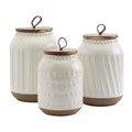 3 Piece White Stoneware Canister Set with Wood Lids B9524