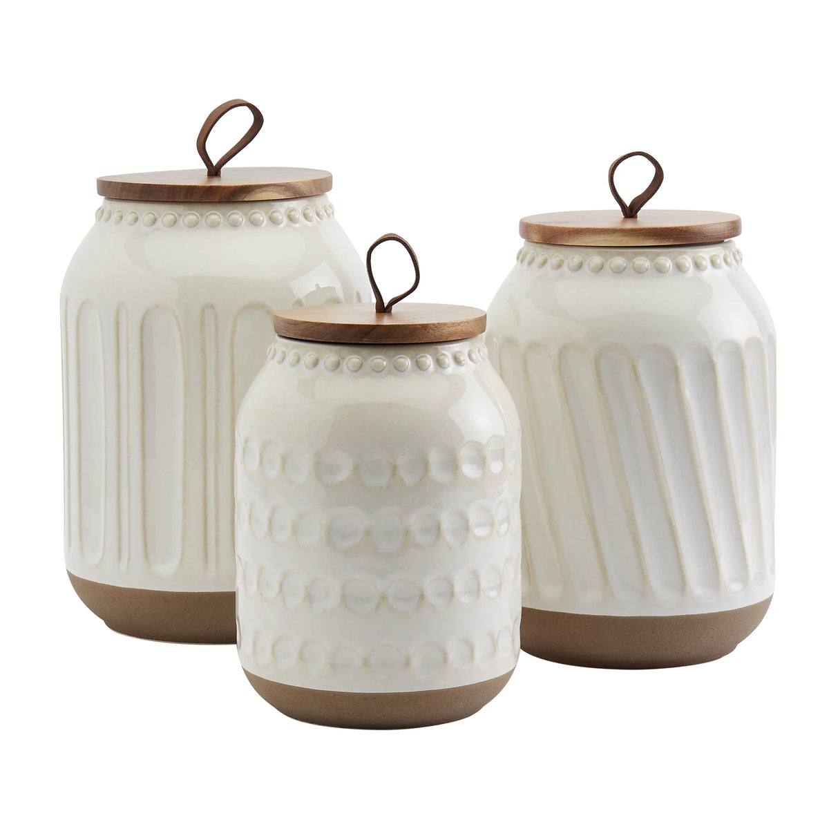 3 Piece White Stoneware Canister Set with Wood Lids B9524