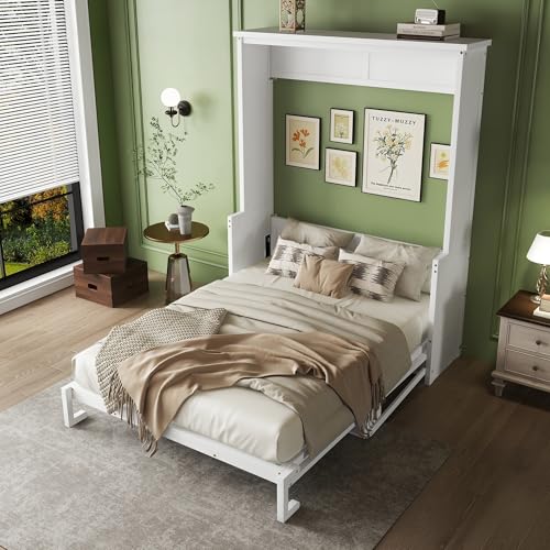 White Queen Size Wall Bed with 2 Side Cabinet Storage Shelf & Desk Combo H891