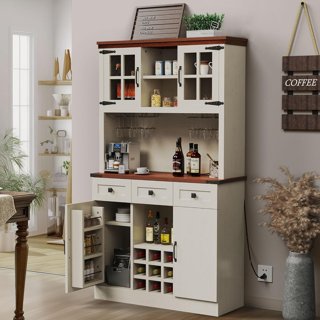 Antique White 72 Inch Kitchen Pantry Cabinet with 3 Drawers M6381