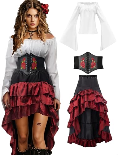 Beige+Brown Women Pirate Costume with Shirt Skirt Corset Waist Belt H20587