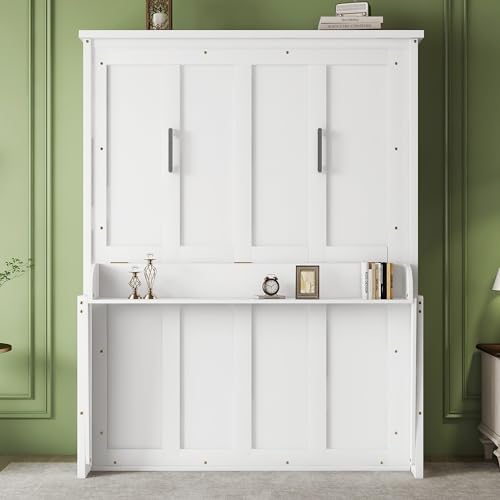 White Queen Size Wall Bed with 2 Side Cabinet Storage Shelf & Desk Combo H891