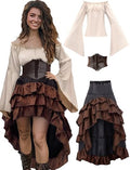 Beige+Brown Women Pirate Costume with Shirt Skirt Corset Waist Belt H20587