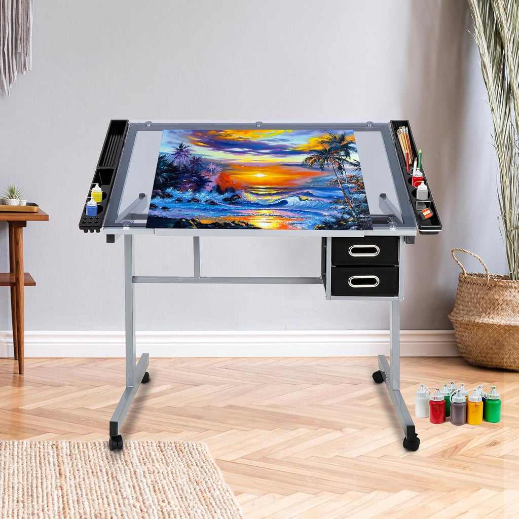 Height Adjustable Drafting Table with Storage Drawers and Wheels I901