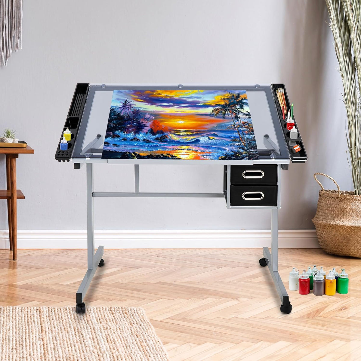 Height Adjustable Drafting Table with Storage Drawers and Wheels I901