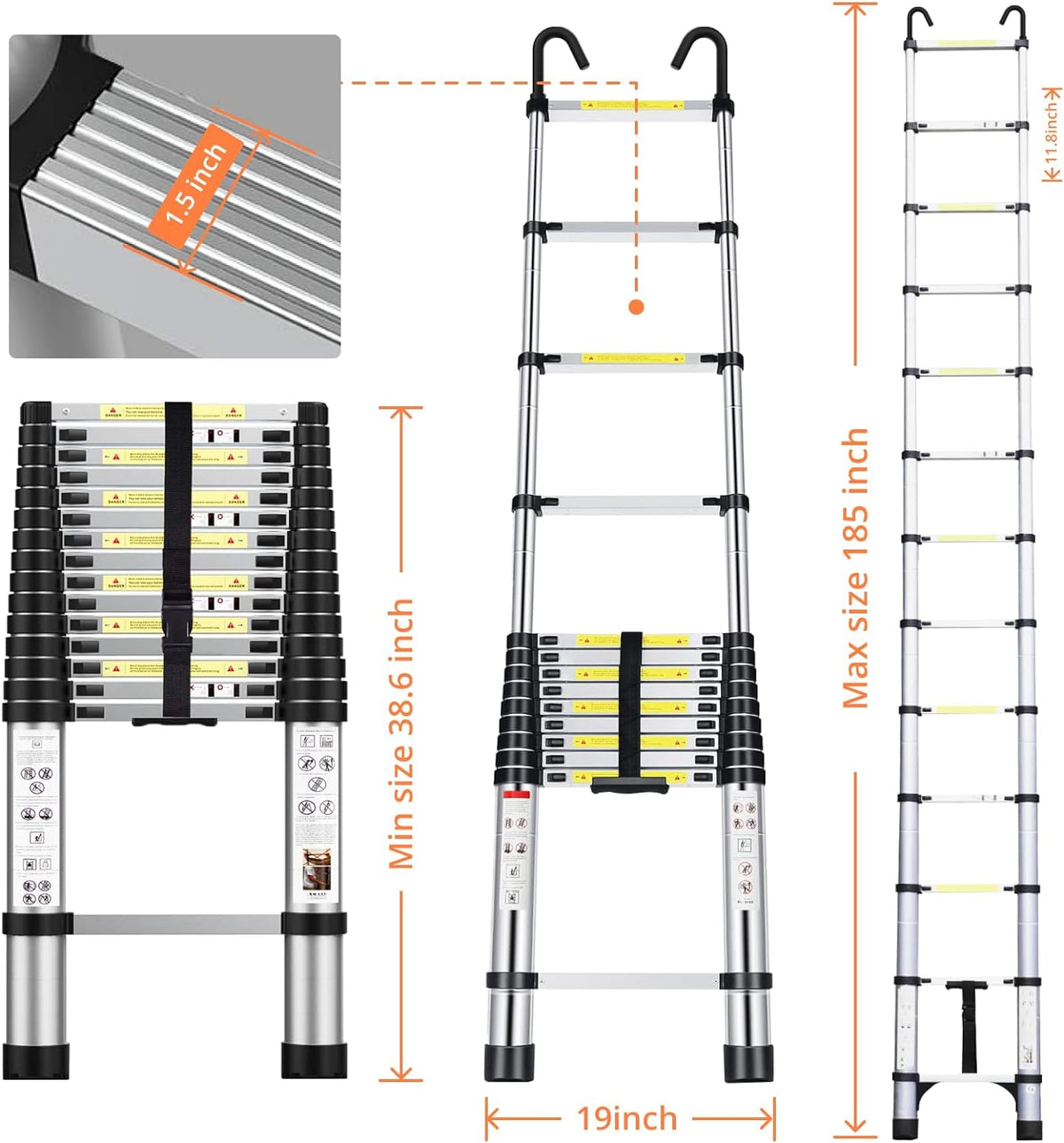 12.5FT Aluminum Telescoping Extension Ladder with Hooks & Stabilizers U59244