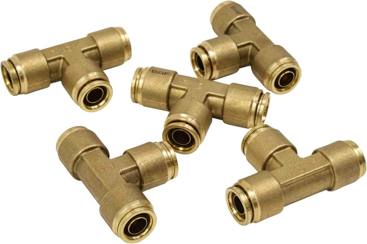 Brass Push to Connect Union Tee Air Brake Tube Fitting, 1/2" Tube OD, 5 Pack D409392