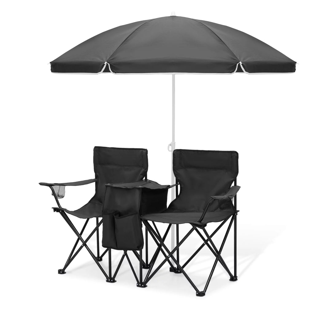 Portable Double Folding Chair with Umbrella, Cooler Bag & Carry Bag, Black I14932