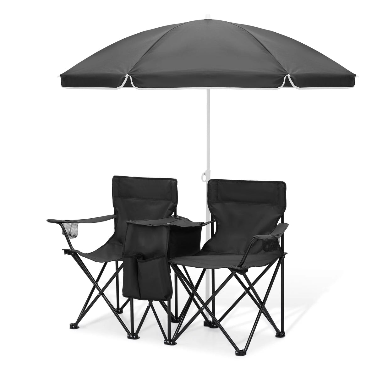 Portable Double Folding Chair with Umbrella, Cooler Bag & Carry Bag, Black I14932