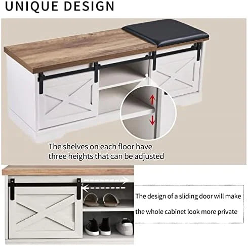 42” Rustic Solid Wood Shoe Bench with Linen Cushion K8651