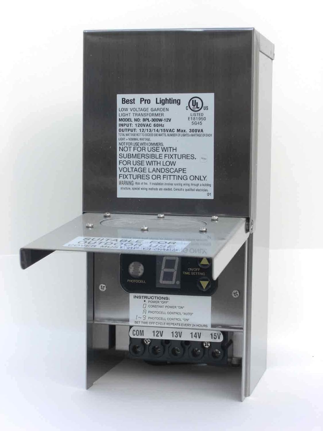 300 Watt Low Voltage Landscape Transformer Multi Tap 120 Volt AC to 12-15V Volt Weatherproof Power Pack with Digital Timer Photocell Sensor Stainless Steel X743802