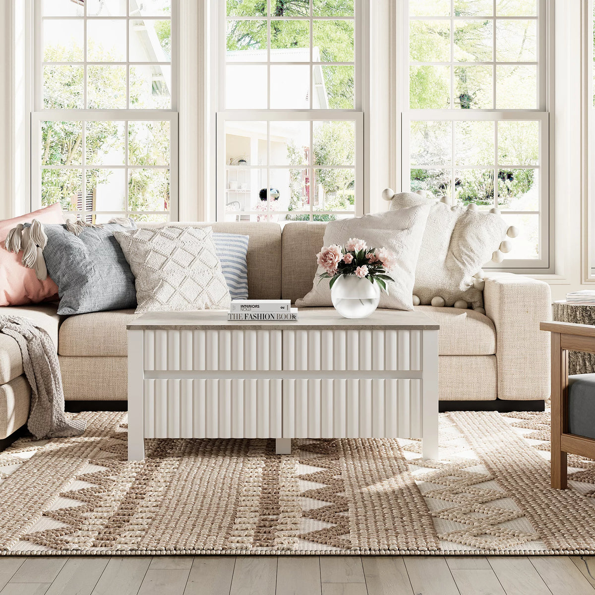 White Coffee Table with Hidden Storage and Sliding Drawers E531453