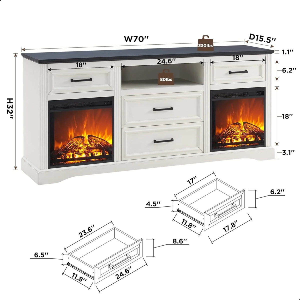 White Fireplace TV Stand with 4 Drawers S639