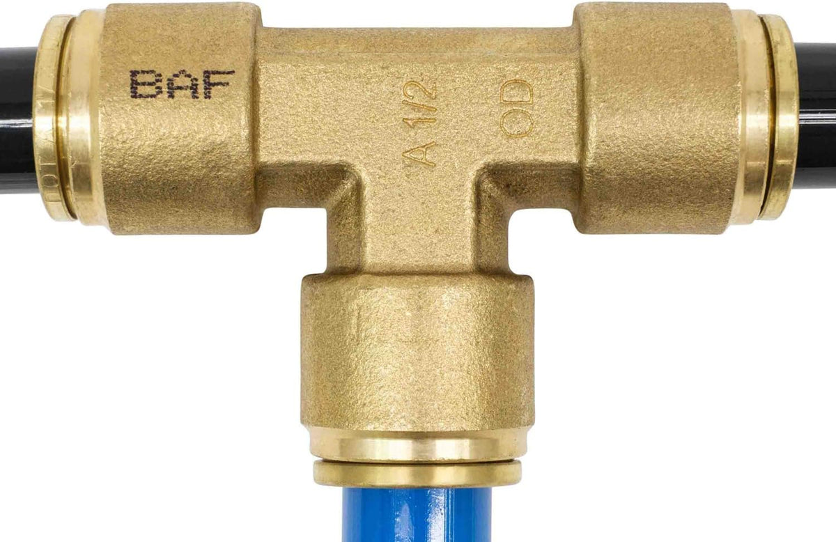 Brass Push to Connect Union Tee Air Brake Tube Fitting, 1/2" Tube OD, 5 Pack D409392