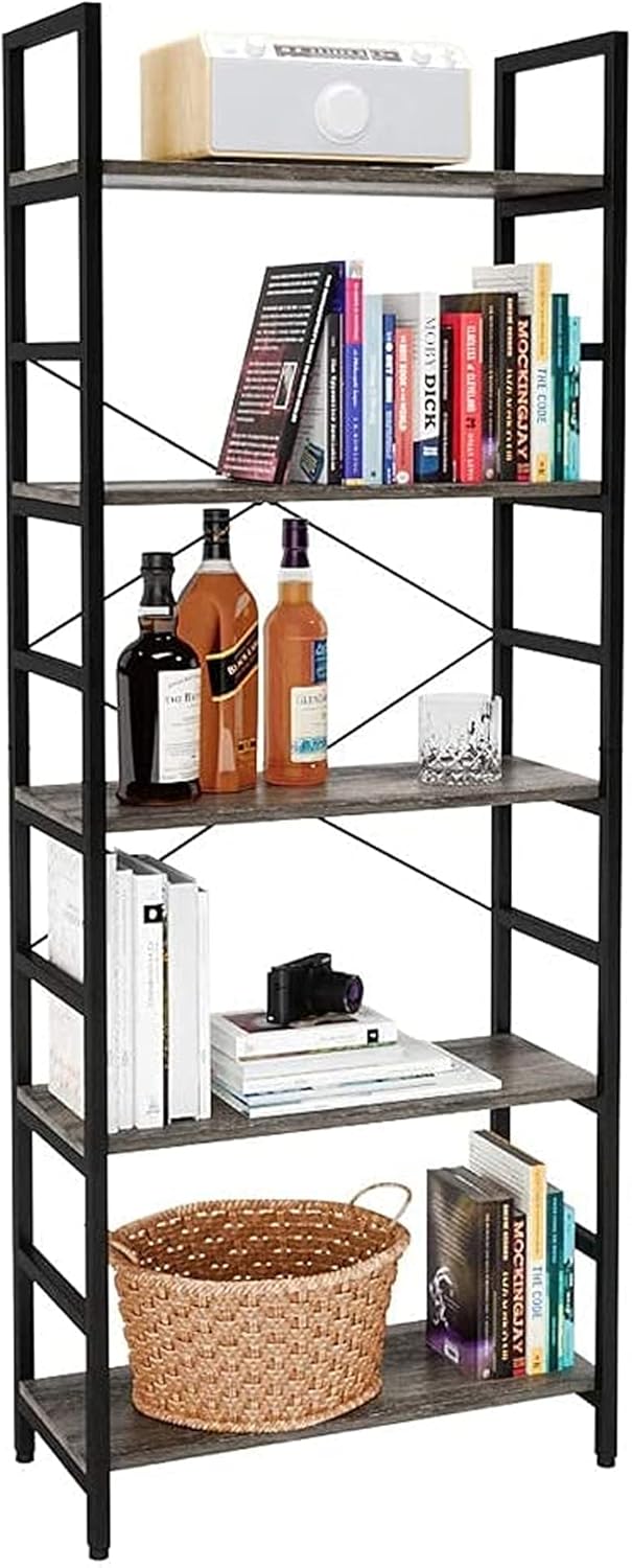 5 Tier Grey Wood Bookcase with Adjustable Shelves F510